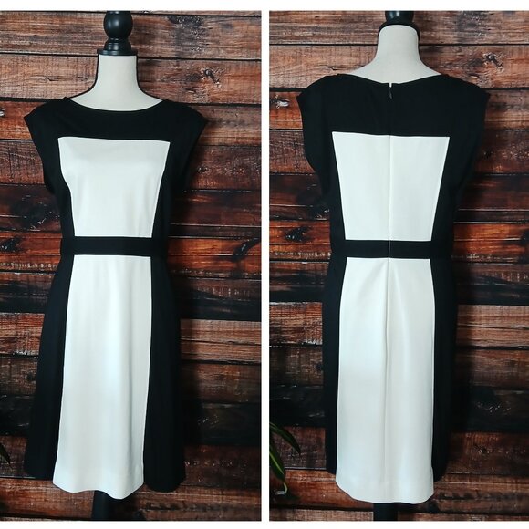 Ann Taylor LOFT Dress Size 10 Sheath Ponte Black White Color Block Zip Back - Picture 2 of 8